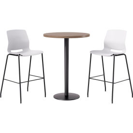 KFI 30" Round Table with 2 Imme Armless Barstools White Seat/Studio Teak Top 