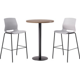 KFI 30" Round Table with 2 Imme Armless Barstools Light Gray Seat/Studio Teak Top 