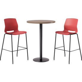 KFI 30" Round Table with 2 Imme Armless Barstools Coral Seat/Studio Teak Top 