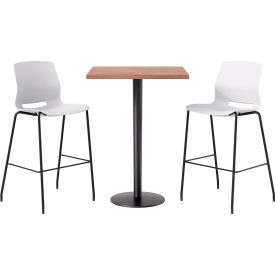 KFI 30" Square Table with 2 Imme Armless Barstools White Seat/River Cherry Top 