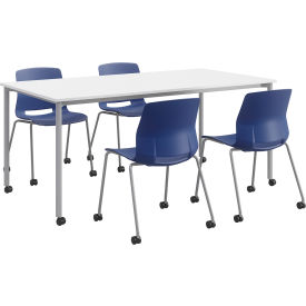Kfi TFL3672-3672D-SL-SLC-D354-2700CS-P03-4 KFI Steel Frame White Table on Casters 72"W x 36"D x 31-3/4"H with 4 Navy Poly Chairs image.