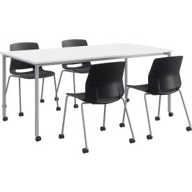 Kfi TFL3672-3672D-SL-SLC-D354-2700CS-P10-4 KFI Steel Frame White Table on Casters 72"W x 36"D x 31-3/4"H with 4 Black Poly Chairs image.