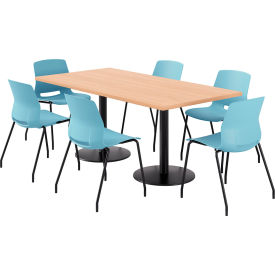 KFI 36"" x 72"" Table with 6 Imme Armless Chairs Sky Blue Seat/Maple Top