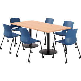 KFI 36"" x 72"" Table with 6 Imme Armless Caster Chairs Navy Seat/Maple Top