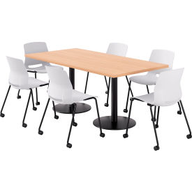 KFI 36"" x 72"" Table with 6 Imme Armless Caster Chairs White Seat/Maple Top