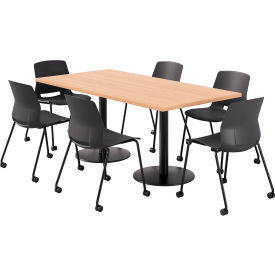 KFI 36"" x 72"" Table with 6 Imme Armless Caster Chairs Black Seat/Maple Top