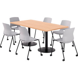 KFI 36"" x 72"" Table with 6 Imme Armless Caster Chairs Light Gray Seat/Maple Top