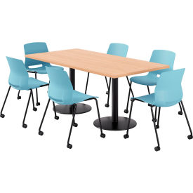 KFI 36"" x 72"" Table with 6 Imme Armless Caster Chairs Sky Blue Seat/Maple Top