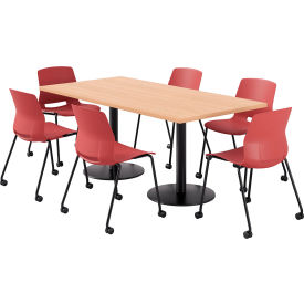KFI 36"" x 72"" Table with 6 Imme Armless Caster Chairs Coral Seat/Maple Top