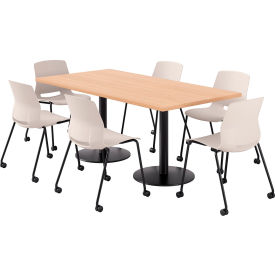 KFI 36"" x 72"" Table with 6 Imme Armless Caster Chairs Moonbeam Seat/Maple Top