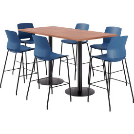 KFI 36"" x 72"" Table with 6 Imme Armless Barstools Navy Seat/River Cherry Top