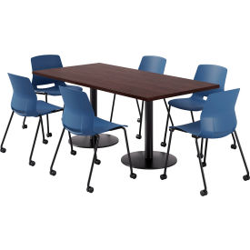 KFI 36"" x 72"" Table with 6 Imme Armless Caster Chairs Navy Seat/Espresso Top