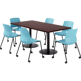 KFI 36"" x 72"" Table with 6 Imme Armless Caster Chairs Sky Blue Seat/Espresso Top