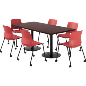 KFI 36"" x 72"" Table with 6 Imme Armless Caster Chairs Coral Seat/Espresso Top
