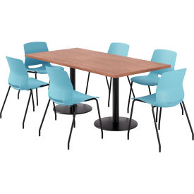 KFI 36"" x 72"" Table with 6 Imme Armless Chairs Sky Blue Seat/River Cherry Top