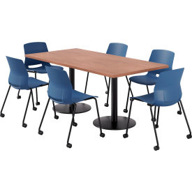 KFI 36"" x 72"" Table with 6 Imme Armless Caster Chairs Navy Seat/River Cherry Top