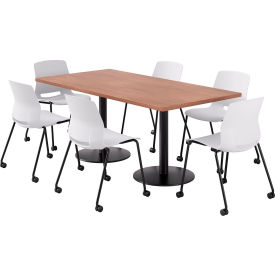 KFI 36"" x 72"" Table with 6 Imme Armless Caster Chairs White Seat/River Cherry Top