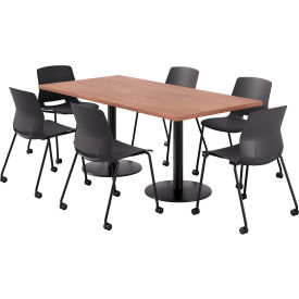 KFI 36"" x 72"" Table with 6 Imme Armless Caster Chairs Black Seat/River Cherry Top