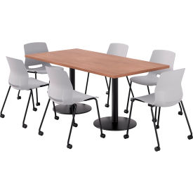 KFI 36"" x 72"" Table with 6 Imme Armless Caster Chairs Light Gray Seat/River Cherry Top