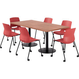KFI 36"" x 72"" Table with 6 Imme Armless Caster Chairs Coral Seat/River Cherry Top