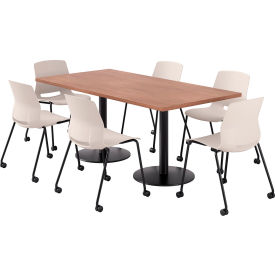 KFI 36"" x 72"" Table with 6 Imme Armless Caster Chairs Moonbeam Seat/River Cherry Top