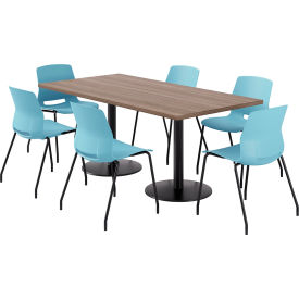 KFI 36"" x 72"" Table with 6 Imme Armless Chairs Sky Blue Seat/Studio Teak Top