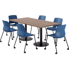 KFI 36"" x 72"" Table with 6 Imme Armless Caster Chairs Navy Seat/Studio Teak Top