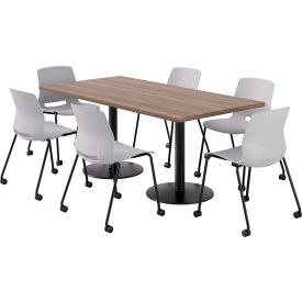 KFI 36"" x 72"" Table with 6 Imme Armless Caster Chairs Light Gray Seat/Studio Teak Top