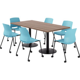 KFI 36"" x 72"" Table with 6 Imme Armless Caster Chairs Sky Blue Seat/Studio Teak Top