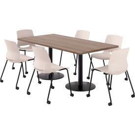 KFI 36"" x 72"" Table with 6 Imme Armless Caster Chairs Moonbeam Seat/Studio Teak Top