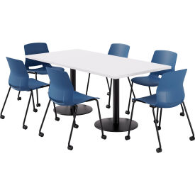 KFI 36"" x 72"" Table with 6 Imme Armless Caster Chairs Navy Seat/Designer White Top