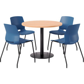 KFI 36"" Round Table with 4 Imme Armless Chairs Navy Seat/Maple Top