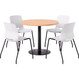 KFI 36"" Round Table with 4 Imme Armless Chairs White Seat/Maple Top