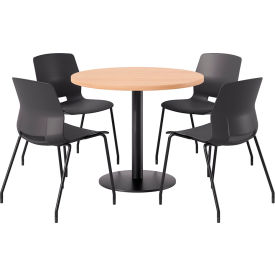 KFI 36"" Round Table with 4 Imme Armless Chairs Black Seat/Maple Top