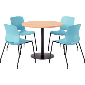 KFI 36"" Round Table with 4 Imme Armless Chairs Sky Blue Seat/Maple Top
