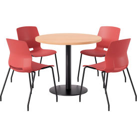 KFI 36"" Round Table with 4 Imme Armless Chairs Coral Seat/Maple Top