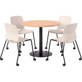 KFI 36" Round Table with 4 Imme Armless Caster Chairs Moonbeam Seat/Maple Top 