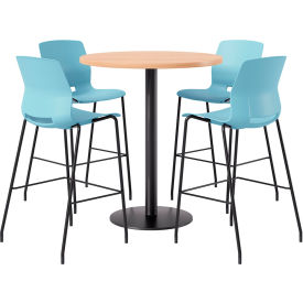 KFI 36" Round Table with 4 Imme Armless Barstools Sky Blue Seat/Maple Top 