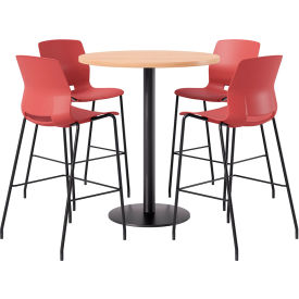 KFI 36" Round Table with 4 Imme Armless Barstools Coral Seat/Maple Top 