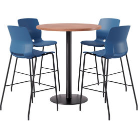 KFI 36" Round Table with 4 Imme Armless Barstools Navy Seat/River Cherry Top 