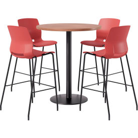 KFI 36" Round Table with 4 Imme Armless Barstools Coral Seat/River Cherry Top 