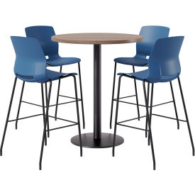 KFI 36" Round Table with 4 Imme Armless Barstools Navy Seat/Studio Teak Top 