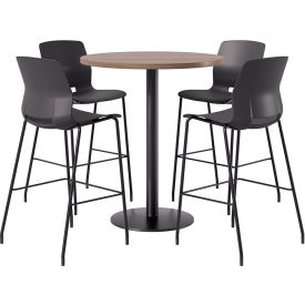 KFI 36" Round Table with 4 Imme Armless Barstools Black Seat/Studio Teak Top 