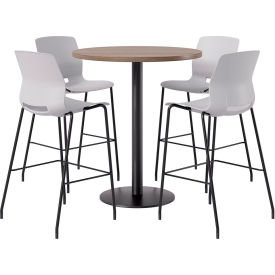 KFI 36" Round Table with 4 Imme Armless Barstools Light Gray Seat/Studio Teak Top 
