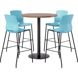 KFI 36" Round Table with 4 Imme Armless Barstools Sky Blue Seat/Studio Teak Top 