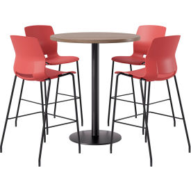 KFI 36" Round Table with 4 Imme Armless Barstools Coral Seat/Studio Teak Top 