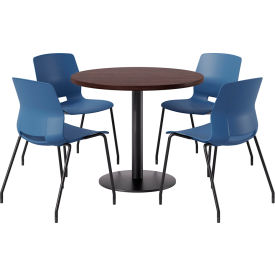 KFI 36"" Round Table with 4 Imme Armless Chairs Navy Seat/Espresso Top