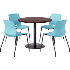 KFI 36"" Round Table with 4 Imme Armless Chairs Sky Blue Seat/Espresso Top