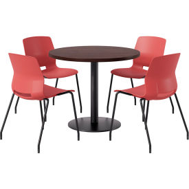 KFI 36"" Round Table with 4 Imme Armless Chairs Coral Seat/Espresso Top
