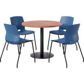 KFI 36"" Round Table with 4 Imme Armless Chairs Navy Seat/River Cherry Top